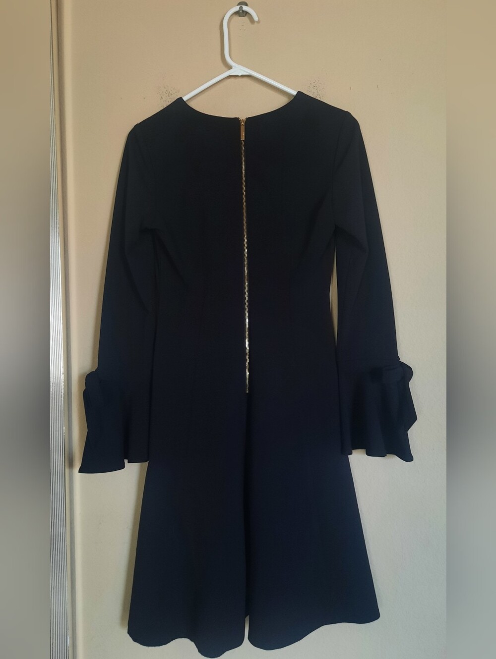 Calvin Klein Womens Black Long-Sleeve A-Line Dress with Gold Back Zipper